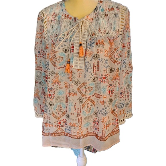 Pale Sky Tops - Pale Sky Women's Top Size L 3/4 Sleeve Beige With Rust & Light Blue Print‎